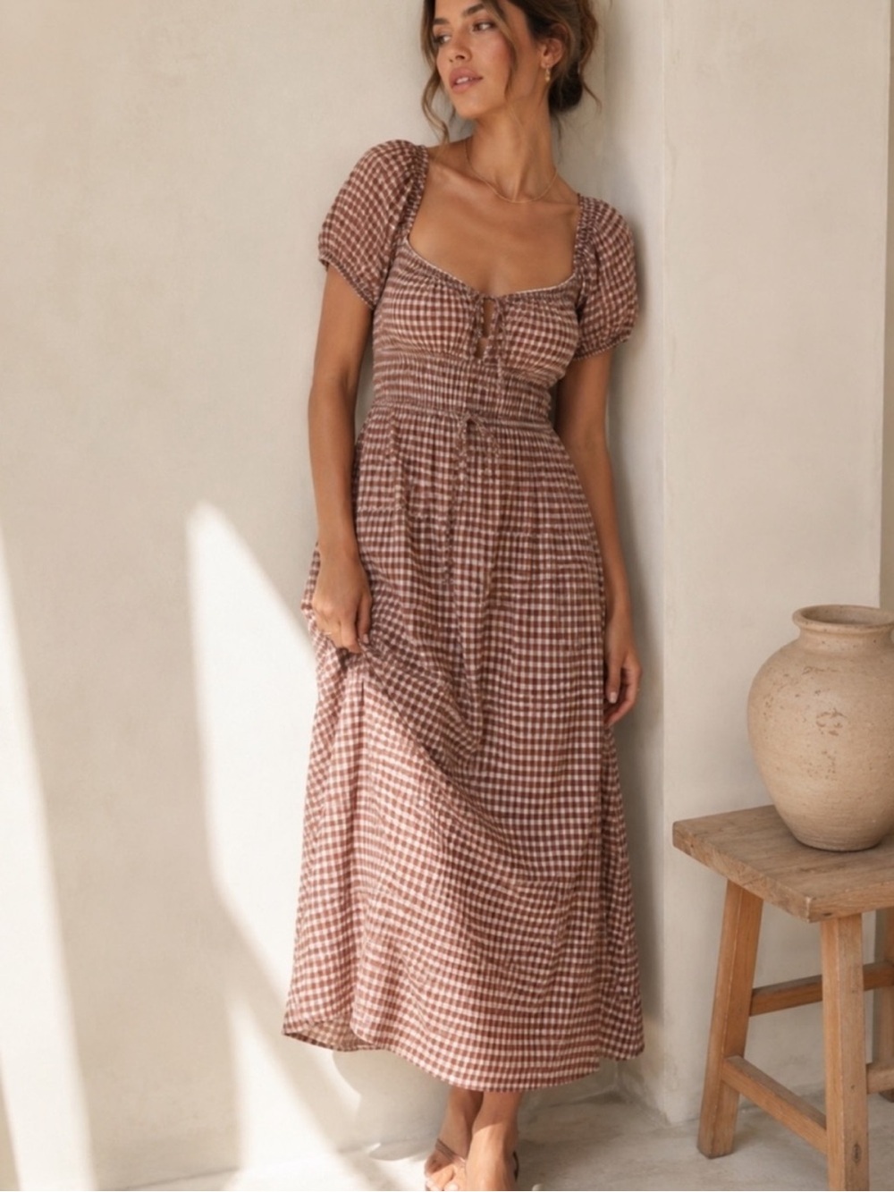 Reformation Rhett Midi Dress Smocked Gingham Midi Dress in Brown 4 - Picture 4 of 10